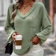 thumbnail image 2 of Camiseta de manga larga de punto con cuello en V para mujer, Color sólido, cómoda, informal, para otoño e invierno, Top que combina con todo Pompotops FGAJ16381, 2 of 5