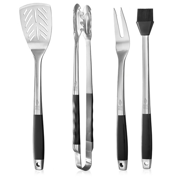 Pure Grill 4pc Stainless Steel BBQ Tool Utensil Set with Fork, Spatula, Tongs, and Basting Brush