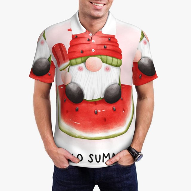 Fotbe Watermelon Gnome Camiseta Polo de Golf para Hombre con Estampado – Camisa Deportiva Transpirable con Cuello Abotonado-X-Large