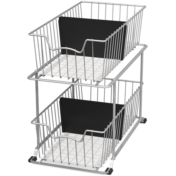 Simple Houseware 2 Tier Pull Out Cabinet Wire Basket Drawer Organizer for Under Sink, Kitchen, and Bathroom, Silver