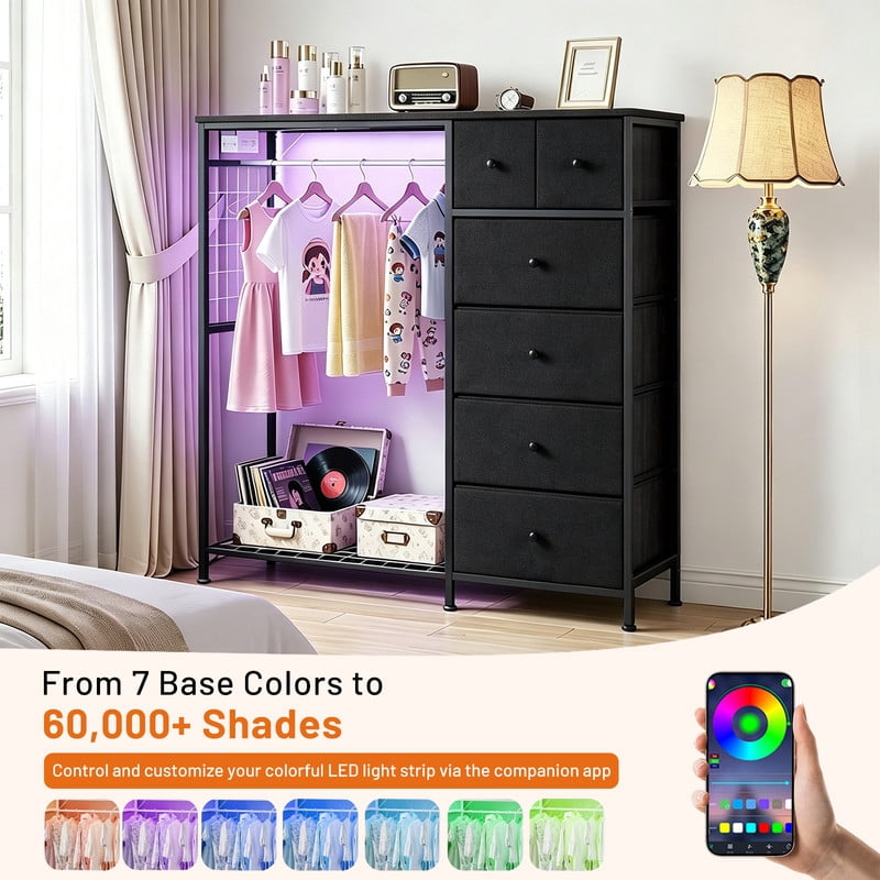 Simenmax 6-Drawer Storage Closet with LED Lights & Charging Station, 49.2" Wide Wooden Wardrobe Rack with Fabric Bins,Portable Clothing Organizer for Bedroom, Entryway, Black