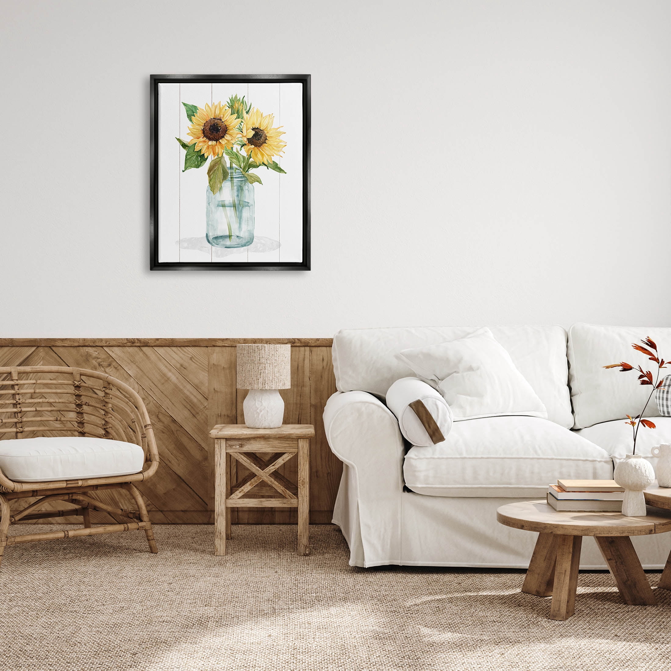 Stupell Industries Yellow Sunflowers Country jar Graphic Art Jet Black Floating Framed Canvas Print Wall Art, Design by Livi Finn
