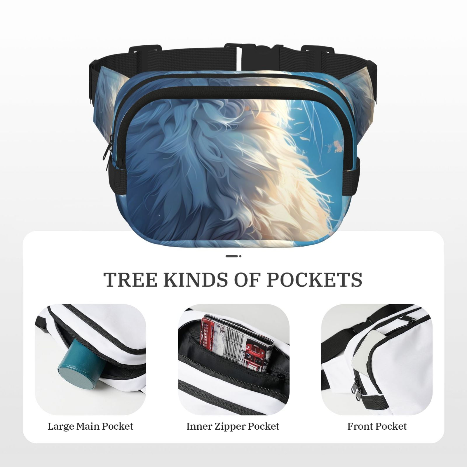 Kdxio Clear Sky Blue Cat Crossbody Double Layer Waist Bag Belt Bag for Unisex Fanny Pack Fashion Waist Packs for Hiking Running Shopping Traveling