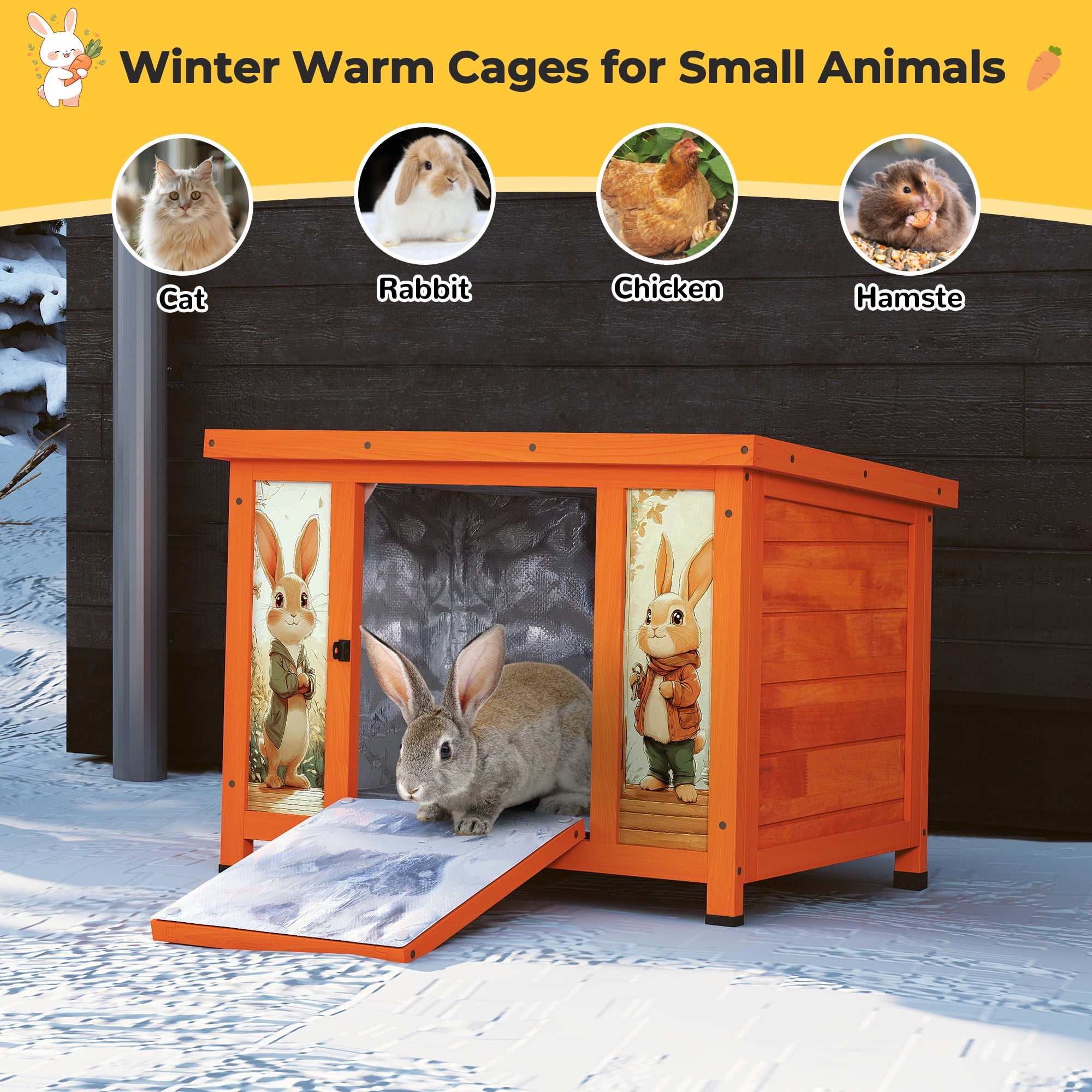 24'' Heated Small Rabbit Hutch for Winter, Cat House Outdoor Indoor with Warm Liner, Waterproof Structure, Suitable for Cats, Rabbits, Small Pets (Orange)