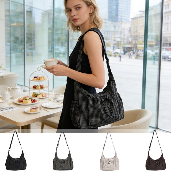 AZXY Plaid Crossbody Bag for Women, Aesthetic Half‑Moon Shoulder Purse with Drawstring Pocket, Adjustable Strap Large Capacity Handbag for Commute Work Travel Shopping Holiday Gift