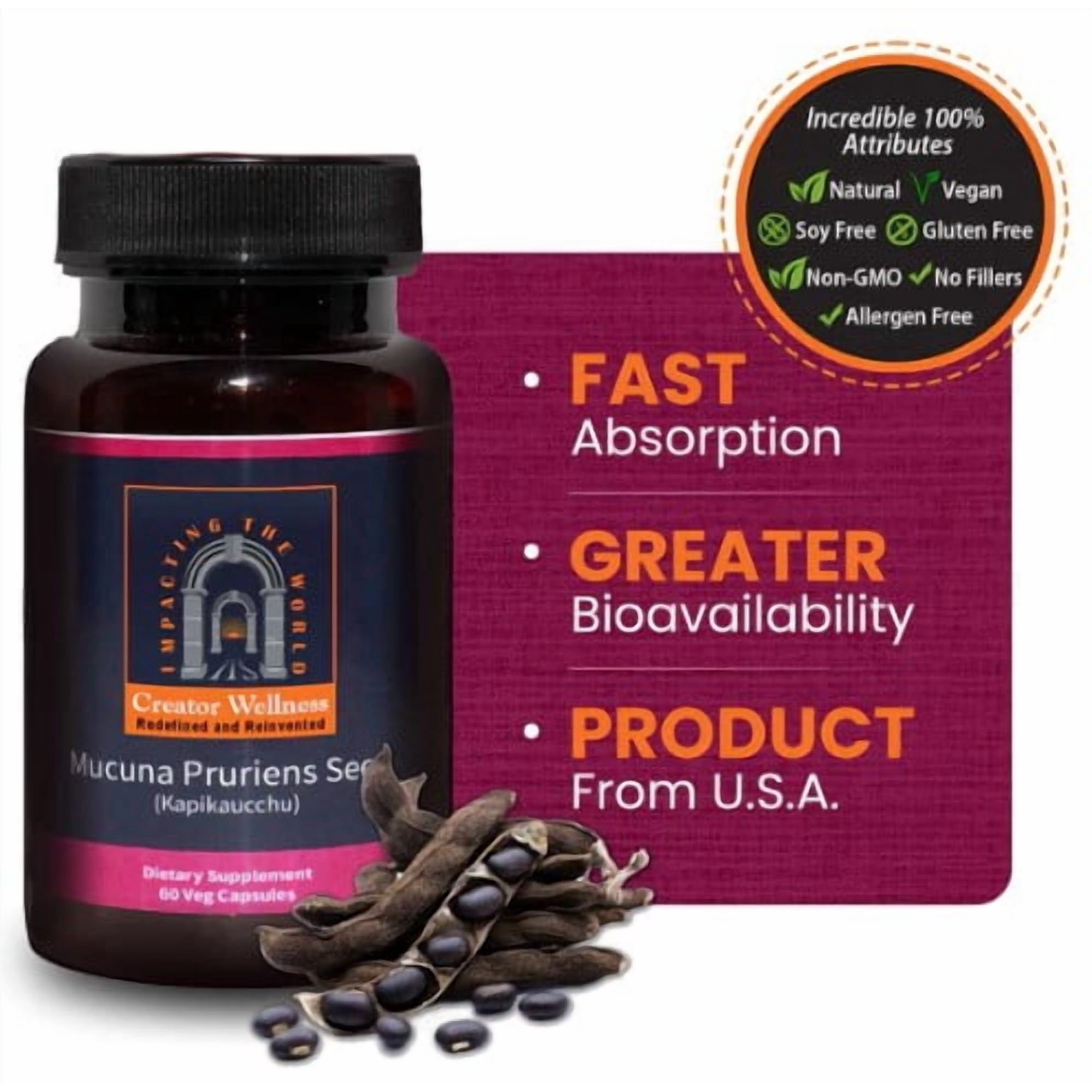 Creator Wellness Mucuna Pruriens Seed Extract Kapikacchu 225mg Brain Health Support Vegan 60 Count Capsules