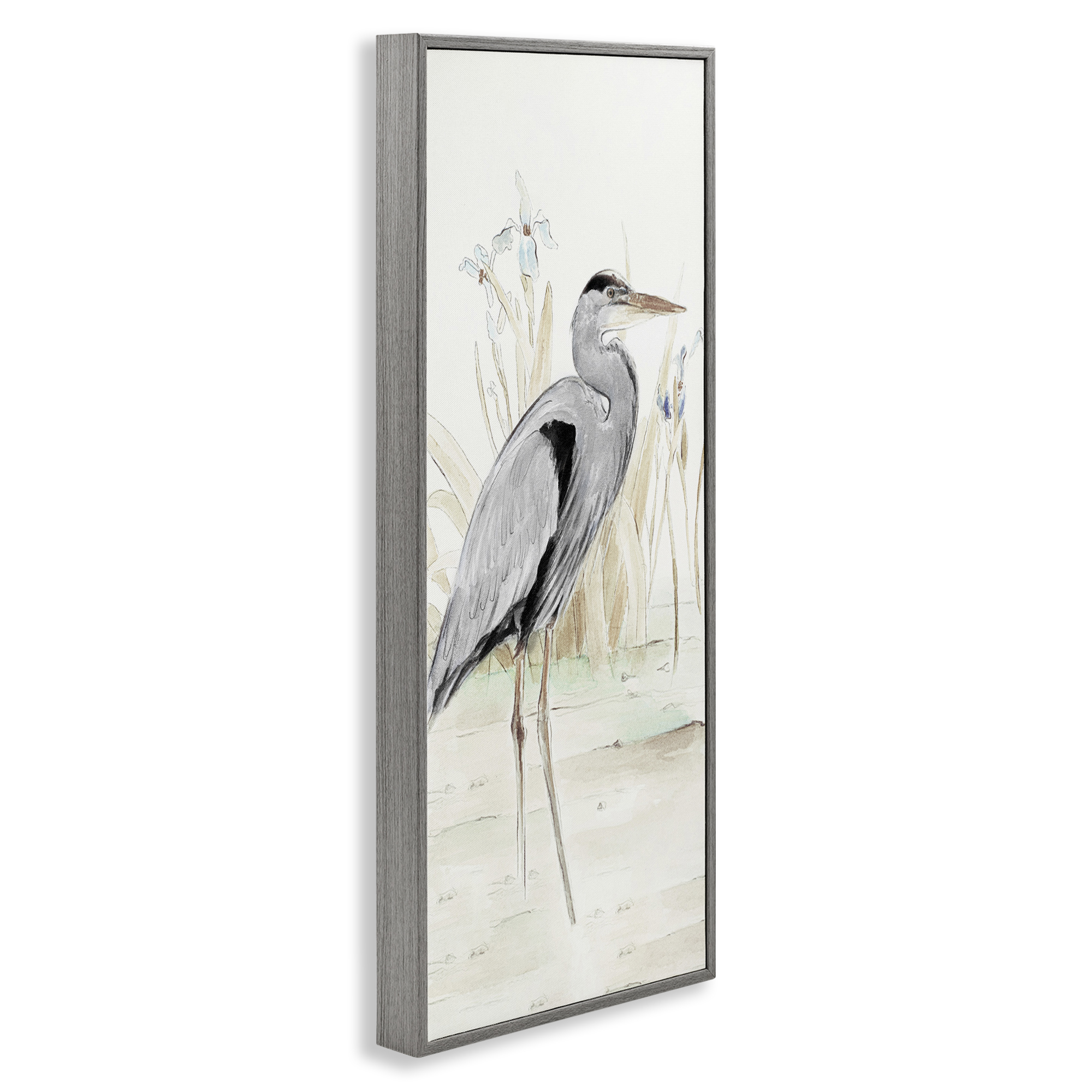 Stupell Industries Heron in Lake Drawing Animals & Insects Drawing Gray Framed Art Print Wall Art, 13 x 30