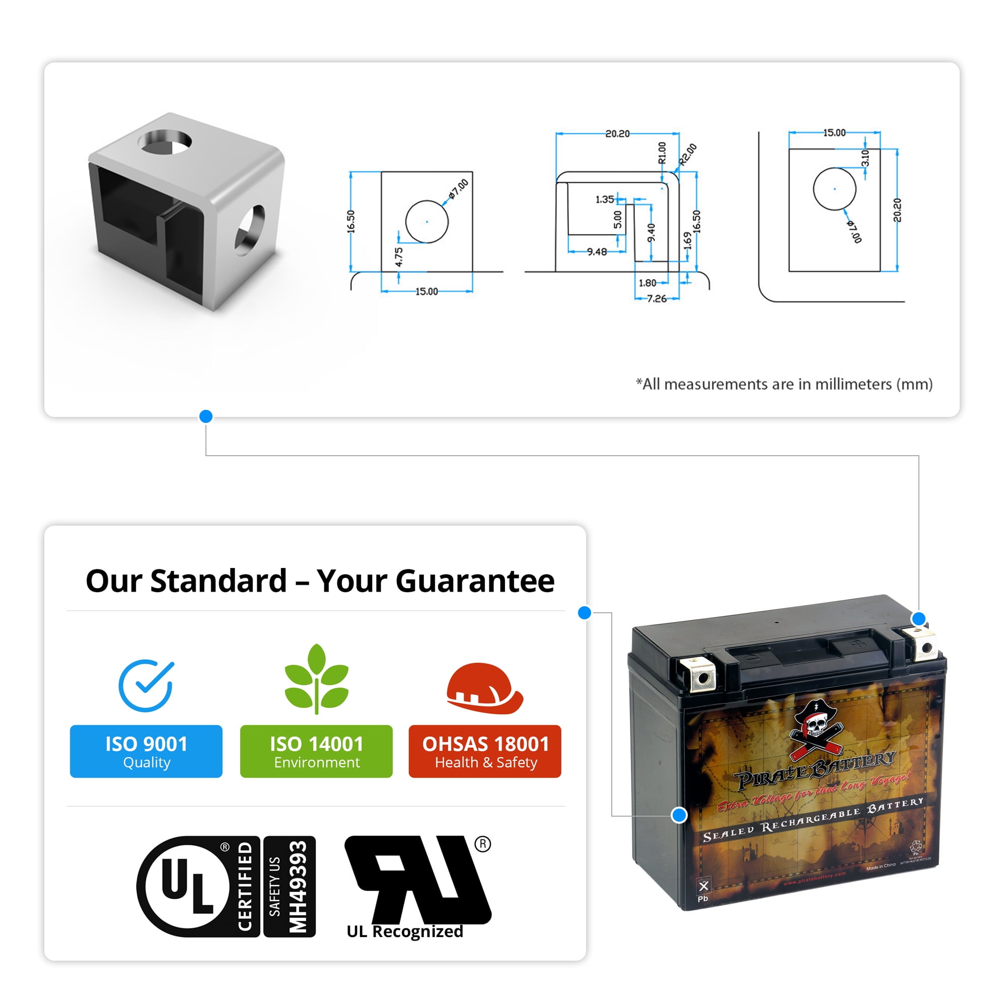 Pirate Battery Pirate Battery Pb-m00008-10000 Ytx20l-bs (20l-bs 12 Volts,18 Ah, 270 Cca) High Performance Maintenance Free Sealed AGM Motorcycle Battery