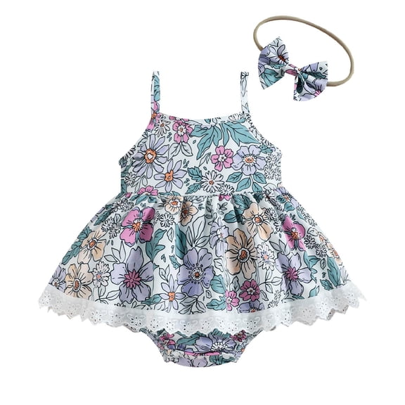 Odeerbi Baby Bodysuit Layette Set Onesie for Toddler Girls Fashion Cute Flowers Print Lace Suspenders Romper Bow Headdress Suit Multicolor