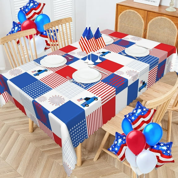 MIZHONA 4th of July Tablecloth Patriotic American Checkered Rectangle Table Cloth for Kitchen,Party,60" x 84"