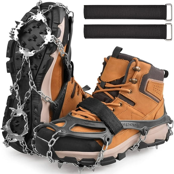 Ice Cleats Snows Crampons Walk Traction Cleats for Boots Shoes, 19 Teeths Grippers Men Women Anti Slip Traction Cleats for Hiking Fishing Mountaineering