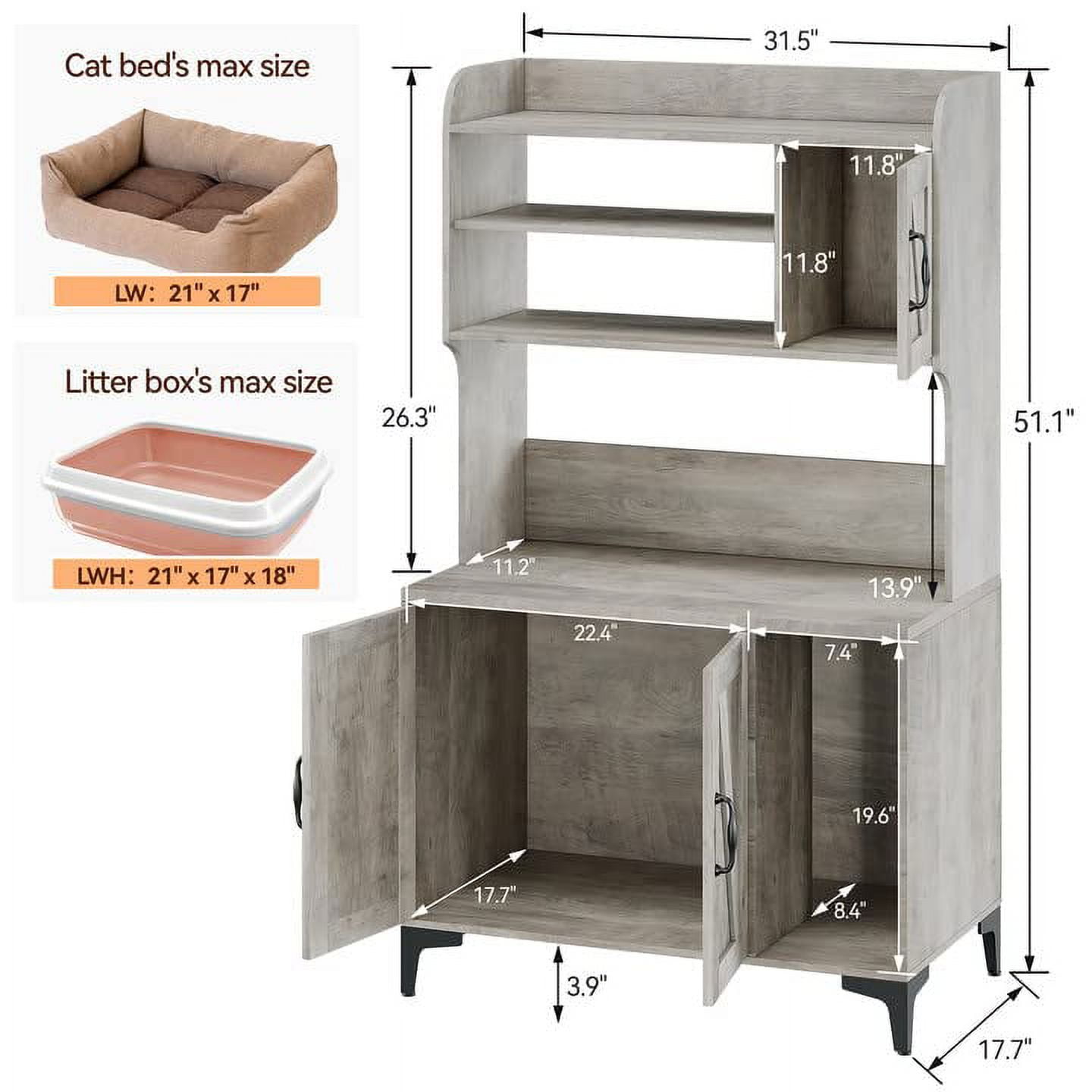 AOILE Hidden Cat Litter Box Furniture with Storage Shelves & Doors, Large Cat Washroom Cabinet