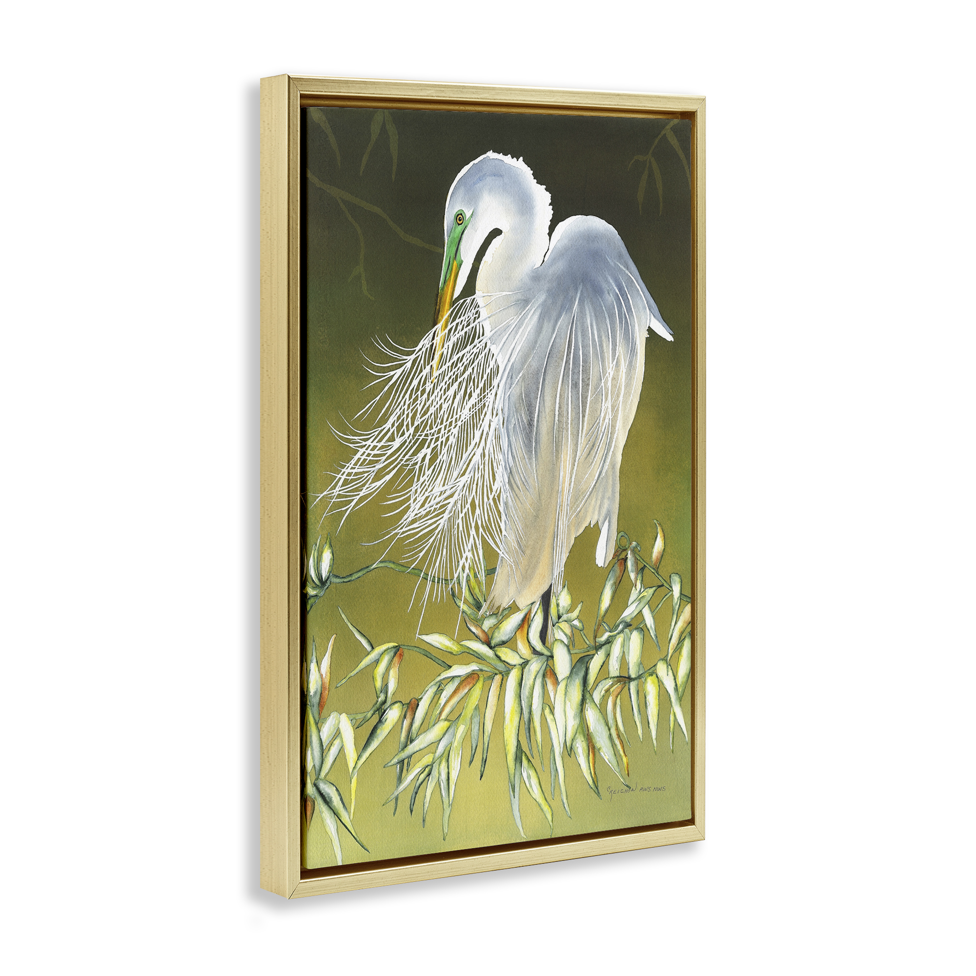 Stupell Industries Heron with Detailed Feathers Animals & Insects Painting Gold Floater Framed Canvas Art Print Wall Art, 17 x 25