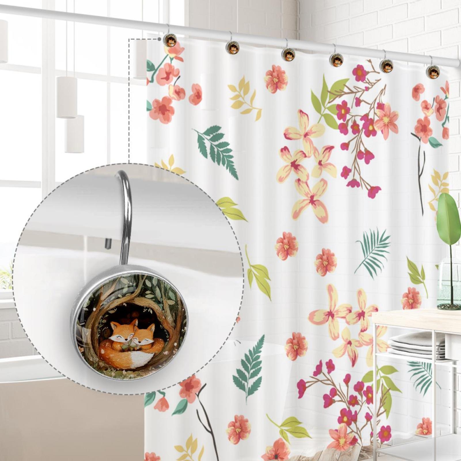 Foxes on Forest Cave Shower Curtain Hooks Round Crystal Glass, Set of 12 Shower Curtain Rings - Shower Hooks for Curtain Shower Rings