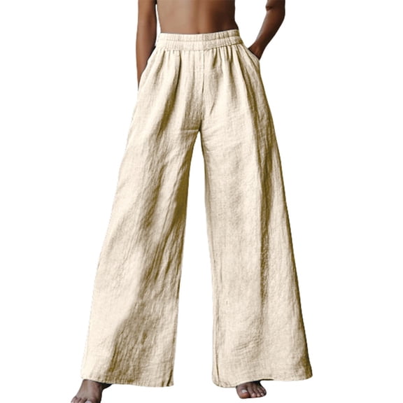 Outfmvch Cotton Linen Pants for Women Vacation Beach Trousers Linen Palazzo Pants for Women Cropped Linen Pants Women Beach Pants for Women Patchwork Pants Wide Leg Linen Pants Beige S-3XL