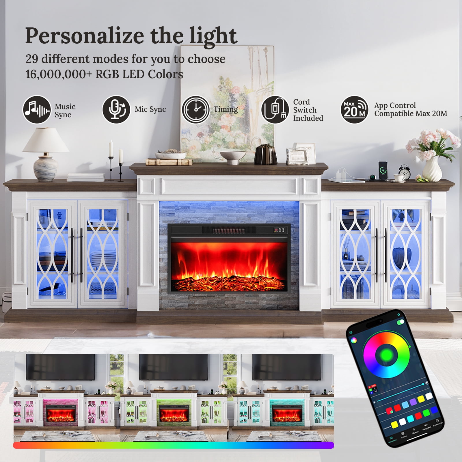 LGHM 104" TV Stand with 30" Electric Fireplace & Charging Station & LED Lights, Large Farmhous Entertainment Center with Storage Cabinet, Media Console for Living Room, White Brown