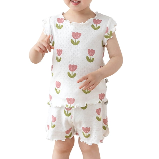Odeerbi 2-9 Años Conjunto de Verano Para Niñas Camiseta de Manga Corta de Algodón Con Ribete de Lechuga Floral Pantalón Corto Conjunto de Dos Piezas Estampado de Flores