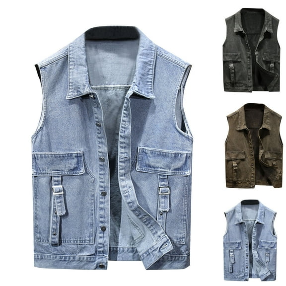 VBTAPA Men's Denim Vest Sleeveless Cargo Jacket Vintage Casual Jean Vest Hipster Streetwear Tops Black M