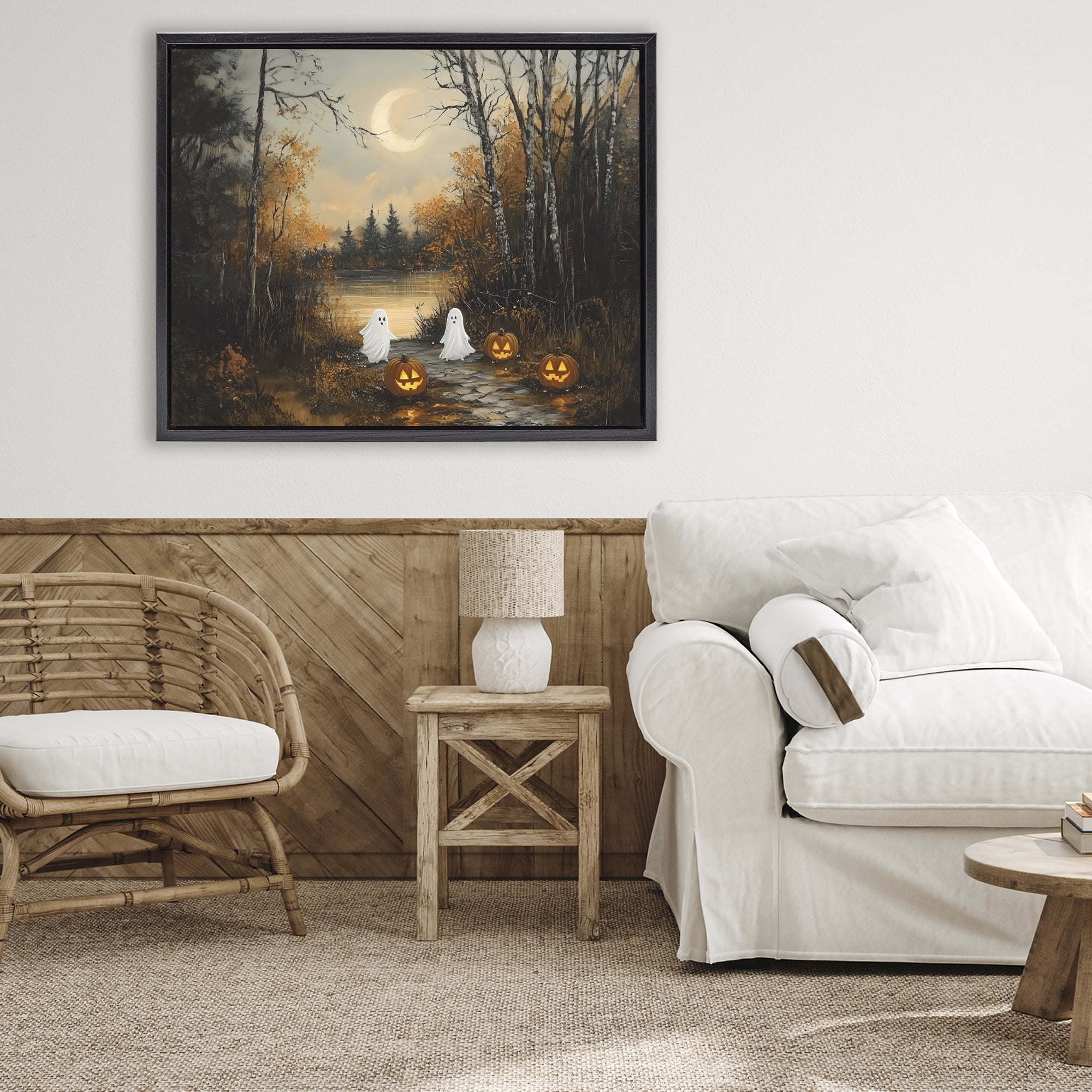 Autumn Ghosts at Lake Black Framed Floater Canvas Wall Art, design by Arlington Prints