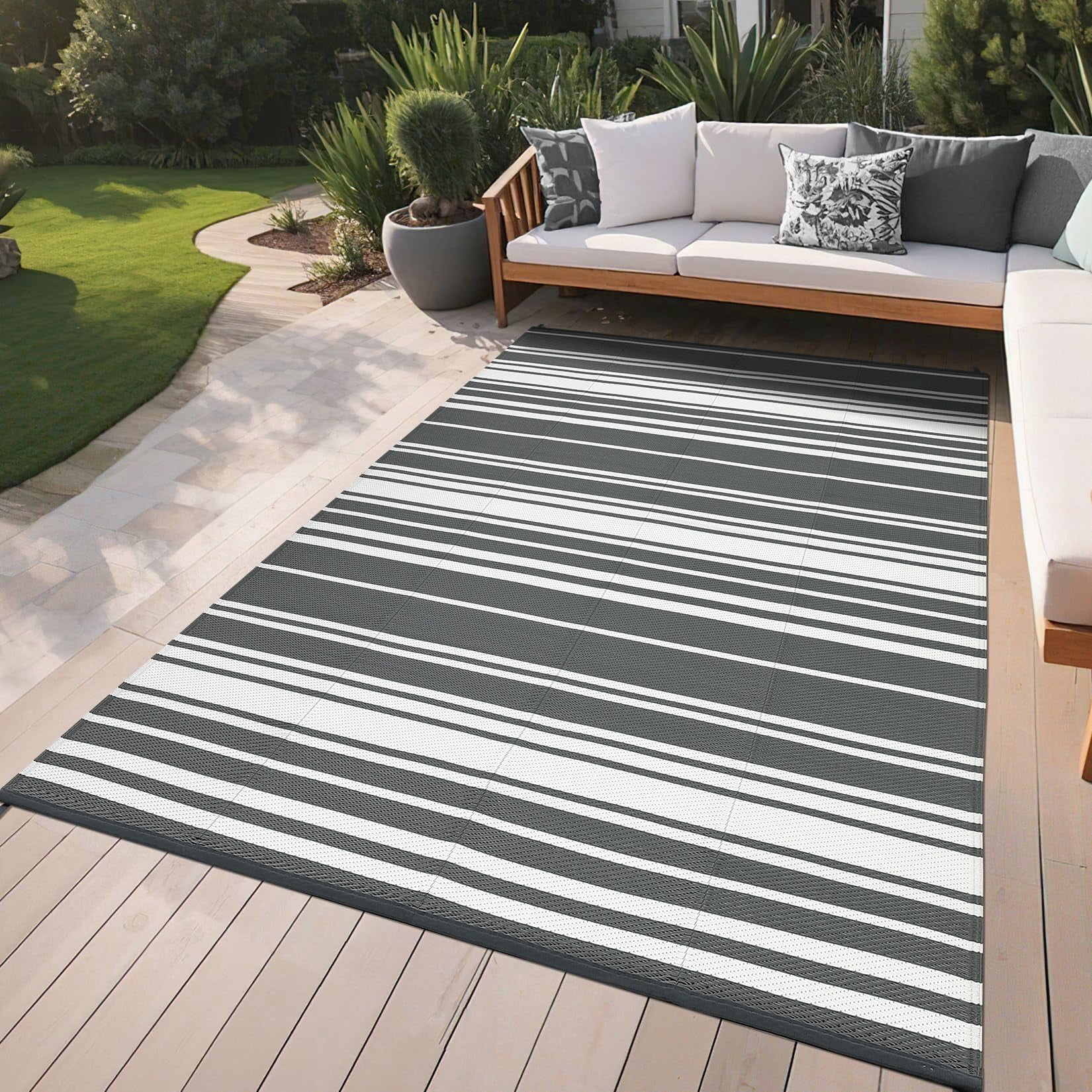 Danolapsi Outdoor Rug Mat for Patio,8x10 Plastic Straw Rug,Waterproof Plastic Straw Mats,Modern Striped Outdoor Camping Rugs for Patio,RV,Porch, Deck,Backyard,Balcony,Camping,Trailer