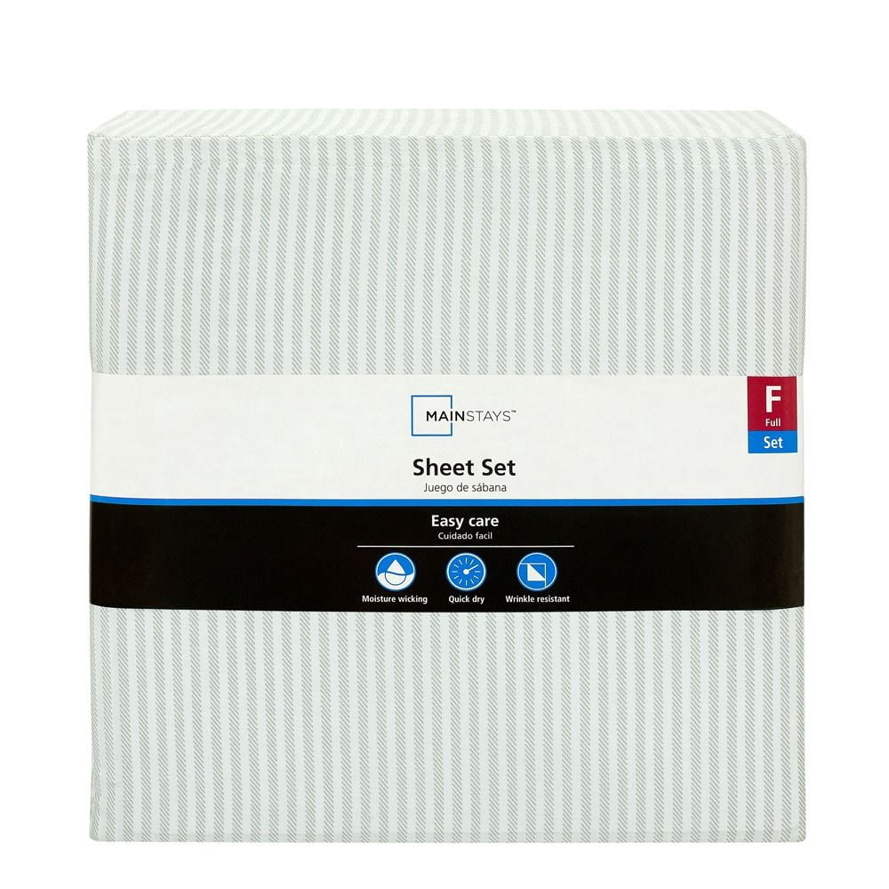 Mainstays 300TC Cotton Rich Percale Easy Care Bed Sheet Set, Full, Grey Stripes