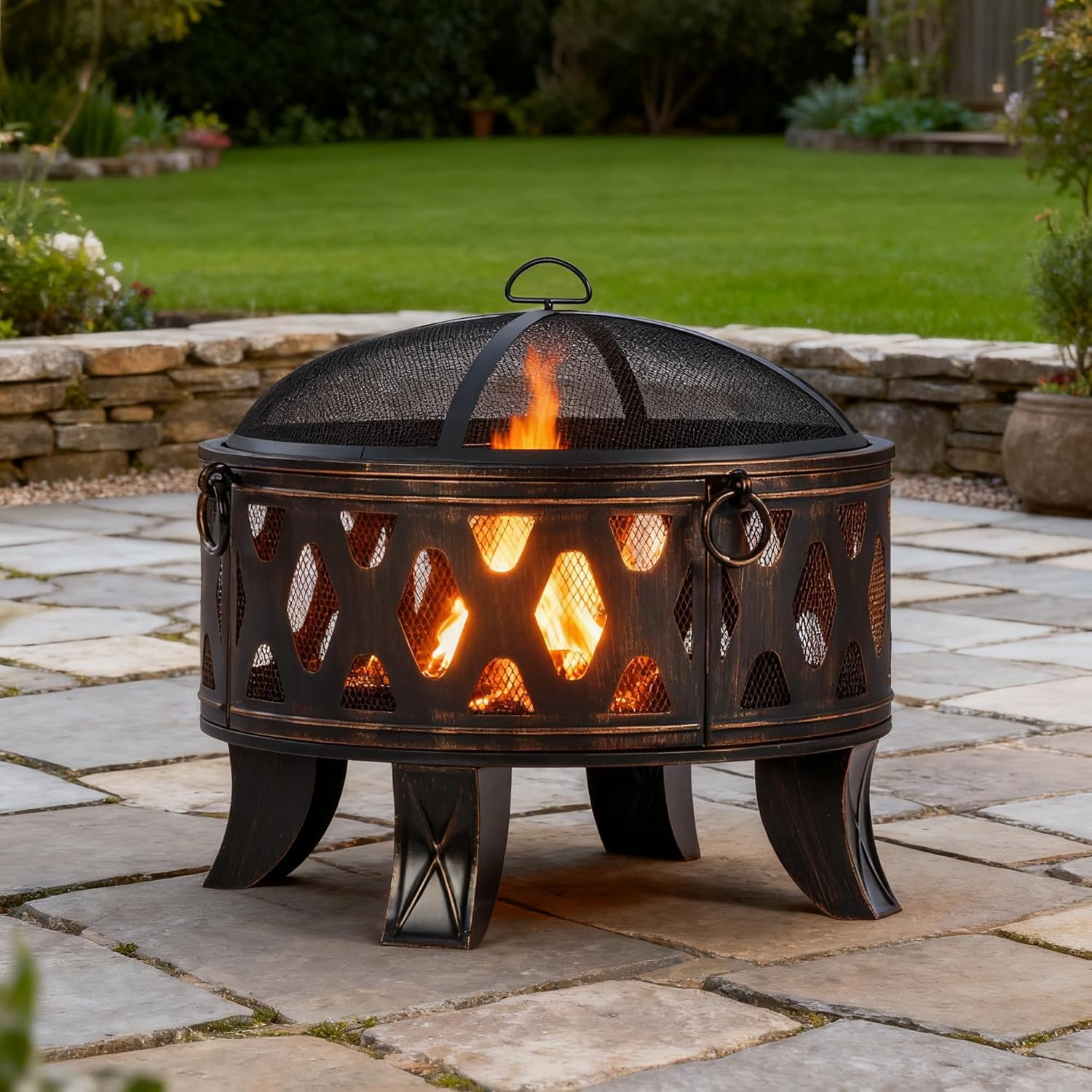 Breezz Update Version 26 Inch Wood Burning Fire Pit with Cooking Grill and Spark Screen, Outdoor Metal Firepit for Patio, Backyard, Bonfire Party, Camping and Garden