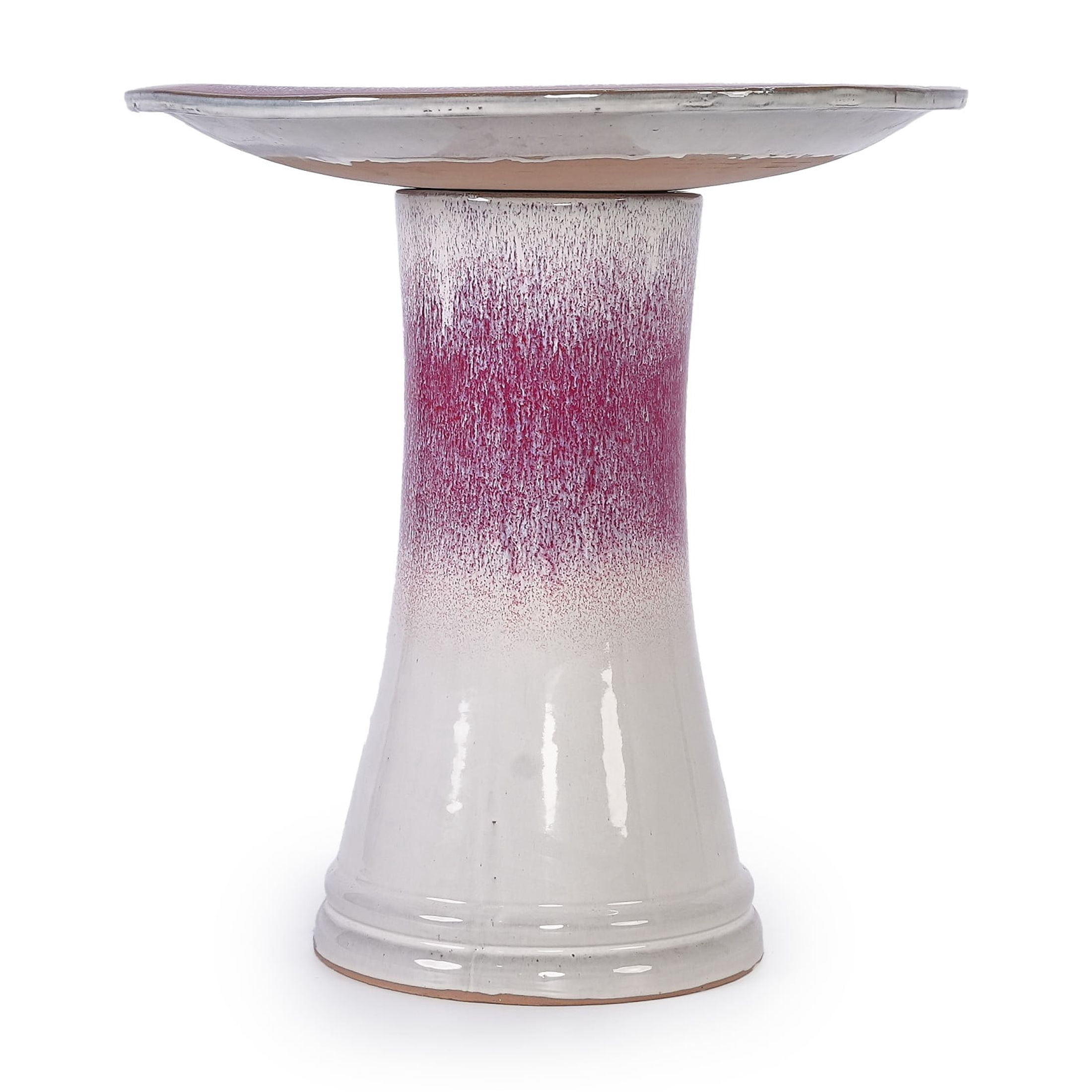 Noble House Barnaby Ceramic Birdbath, Ombre Glaze with Striped Detailing, Modern Outdoor Garden Accent, White + Pink
