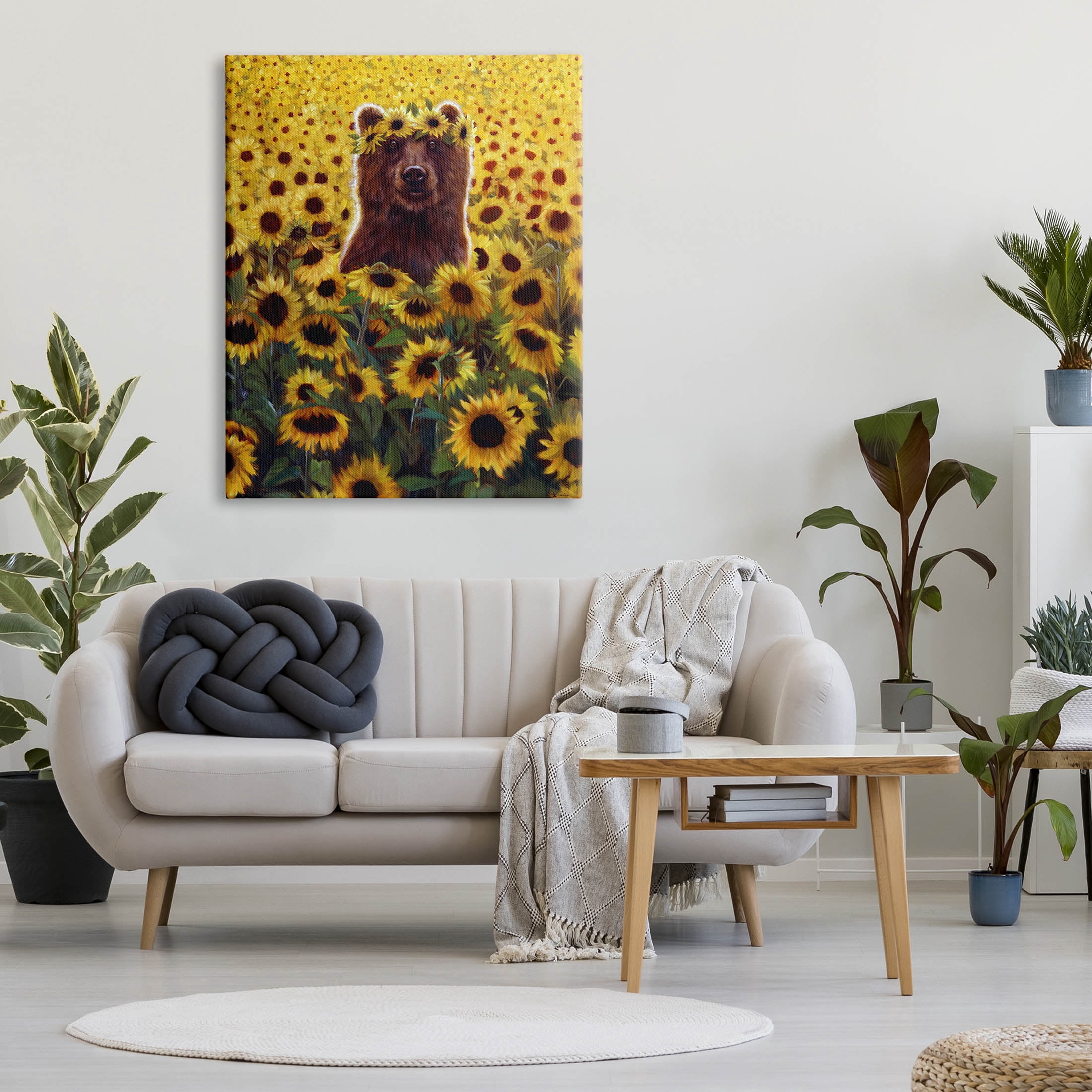 Happy Bear Sunflower Field Animals & Insects Painting Gallery Wrapped Canvas Print Wall Art
