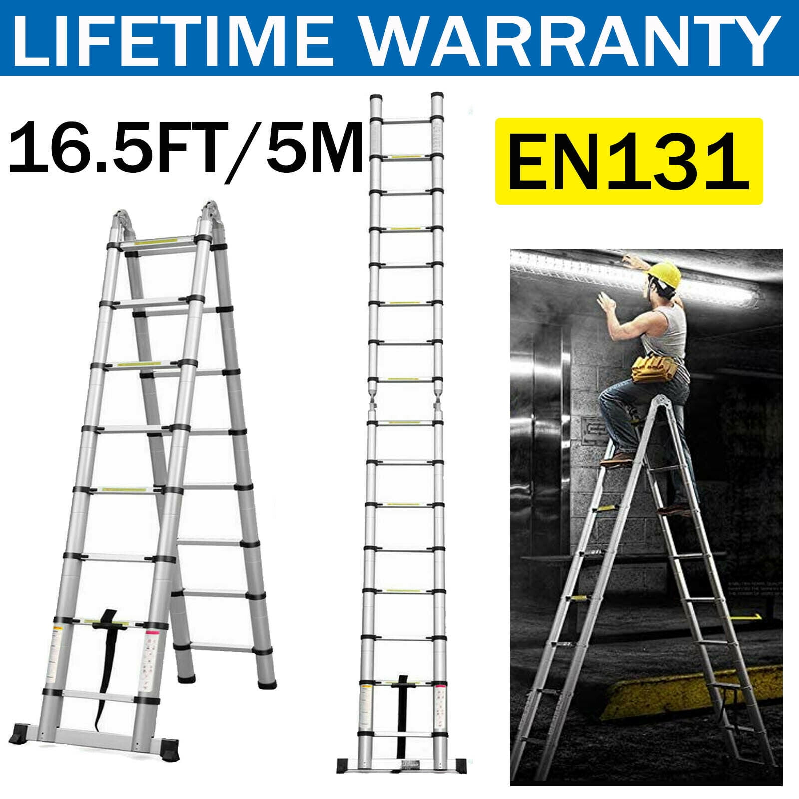 Bowoshen Telescoping Extendable Ladder 12.5ft 12 Steps 330lb Max Load Capacity EN131 Certificated Heavy Duty Step Extension Aluminium Ladder 