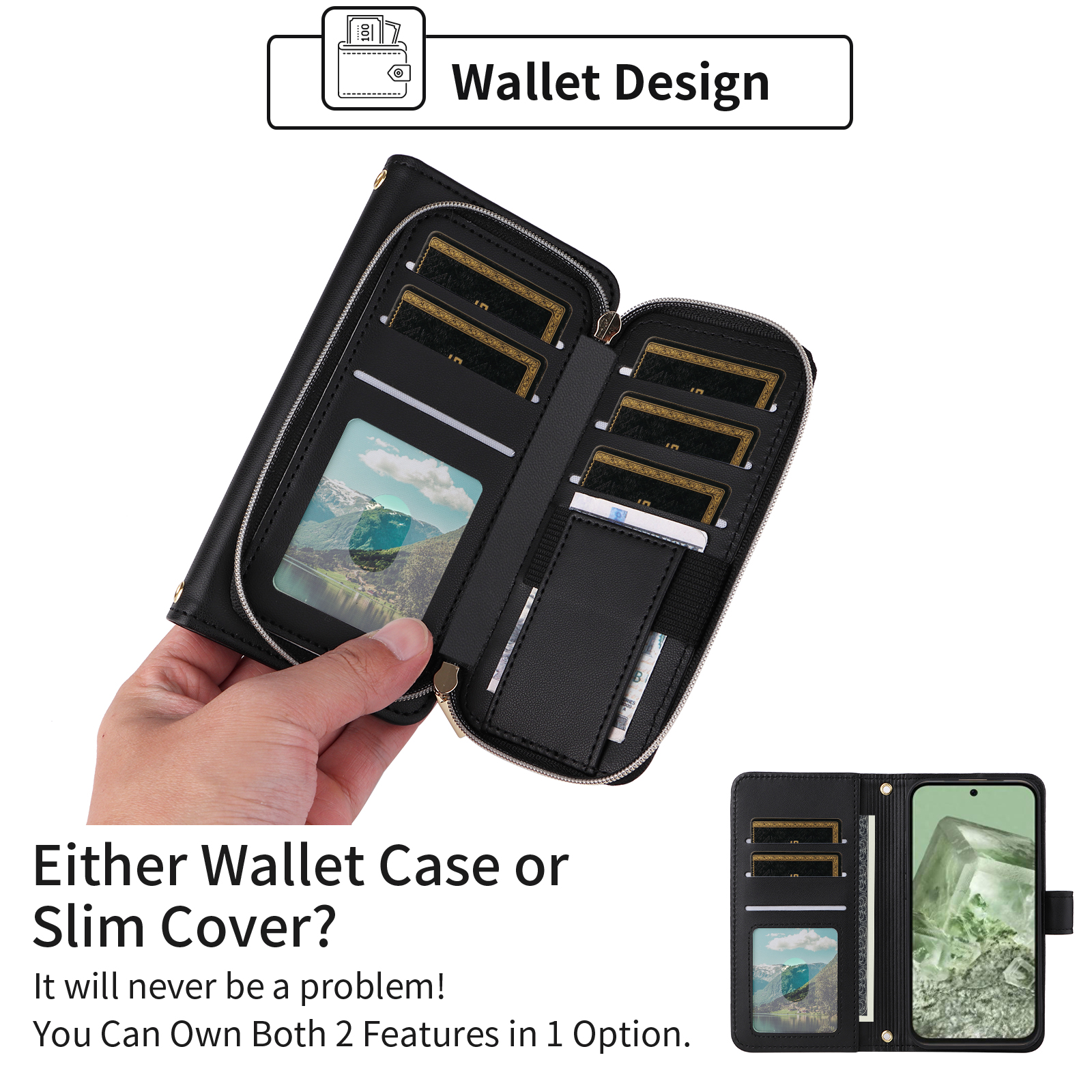 Furiet Wallet Case for Google Pixel 7 5G with Wrist/Shoulder Strap, Card Slots Zipper Flip Purse Luxury PU Leather Card Holder Stand Cell Phone Cover for Pixel7 Pixle Seven 6.3 Women Girls Black