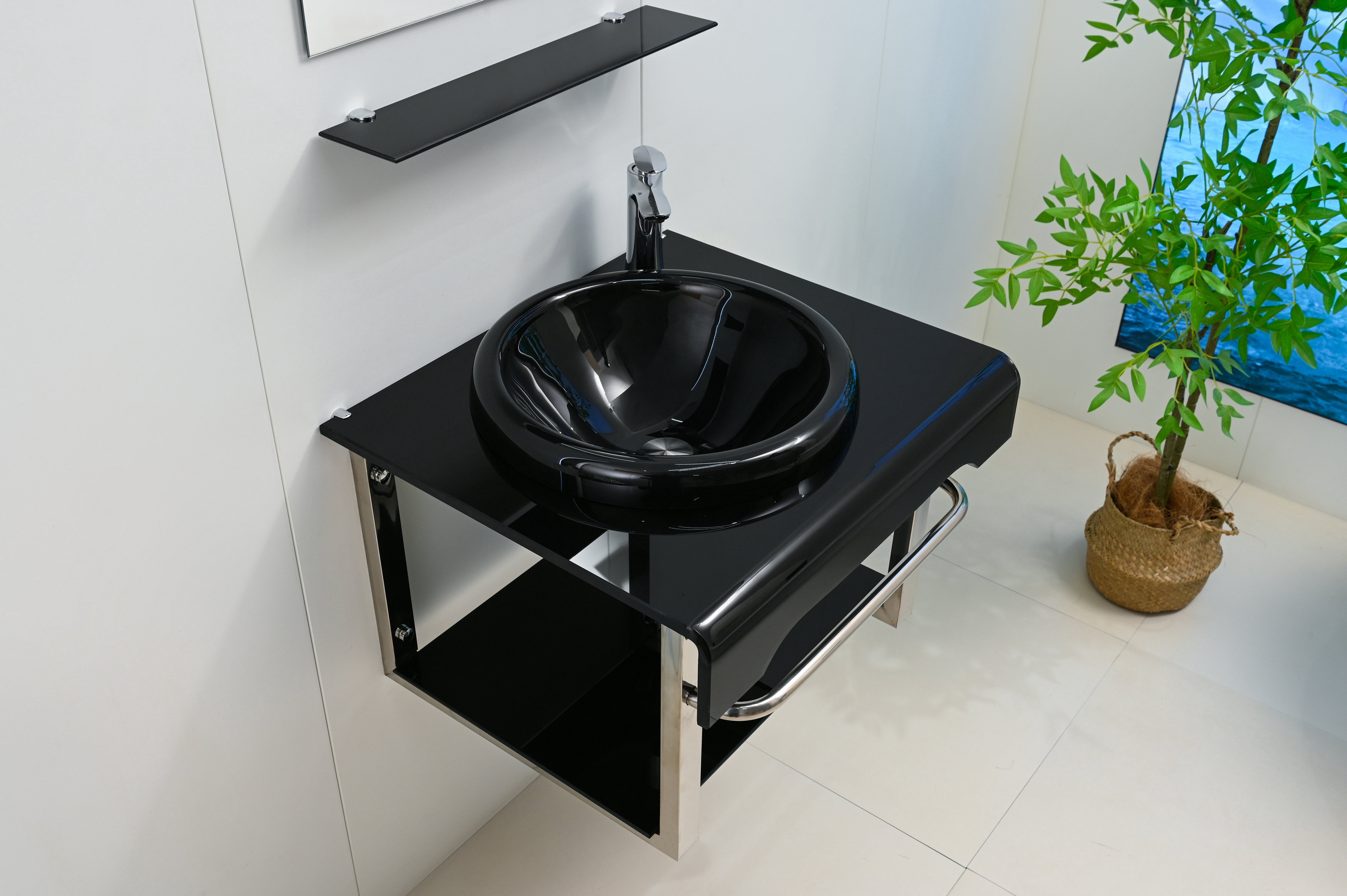 Lorixon 24" Modern Bathroom Vanity Set, Black Tempered Glass Top, Mirror, Shelves