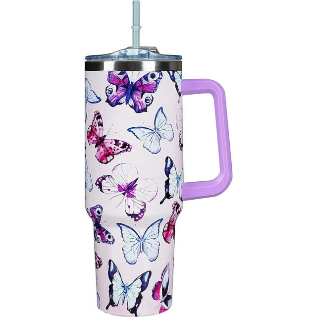 Thideape 40 Oz Tumbler With Handle 40oz Purple Butterfly Tumbler With Lid Straw Double Insulated Travel Coffee Mug