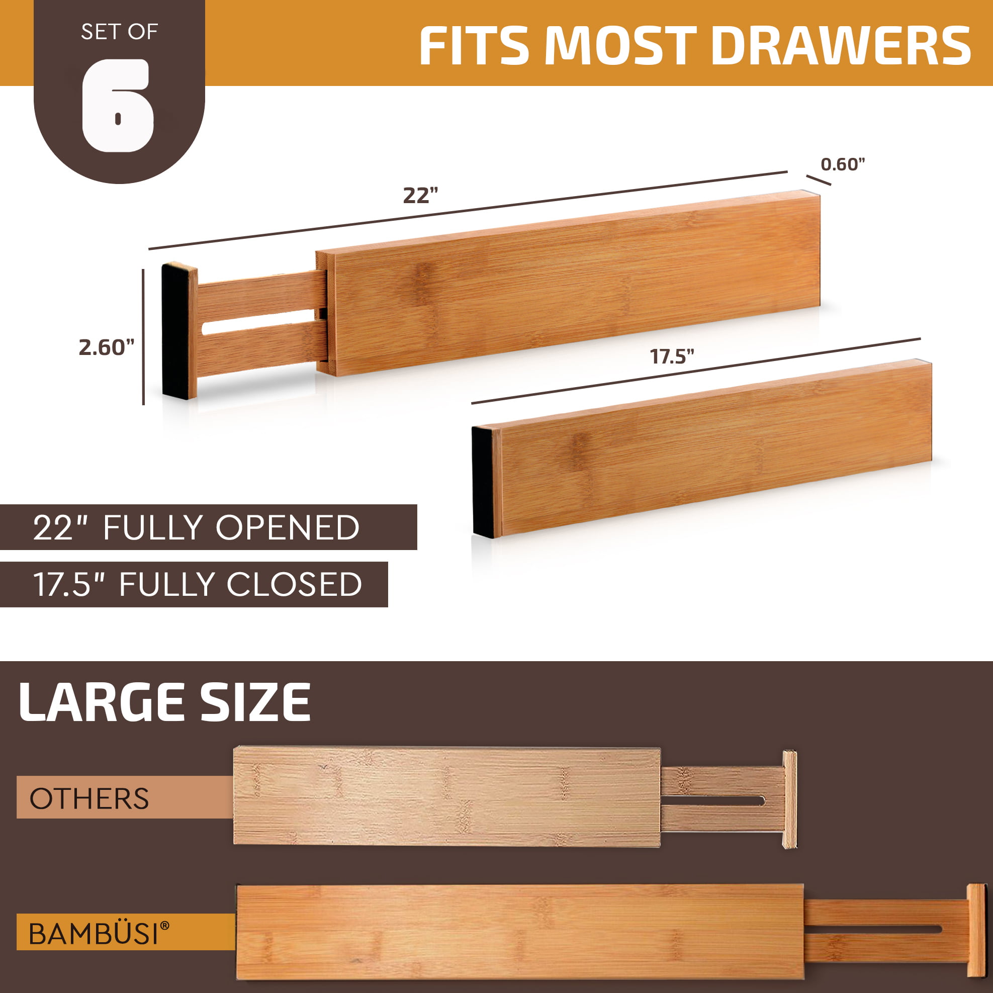 Rok 17 (432mm) to 22 (559mm) Expandable Bamboo Drawer Dividers for Kitchen,  Bedroom, Bathroom, and Office Cabinets, Mocha Finish 4-pack