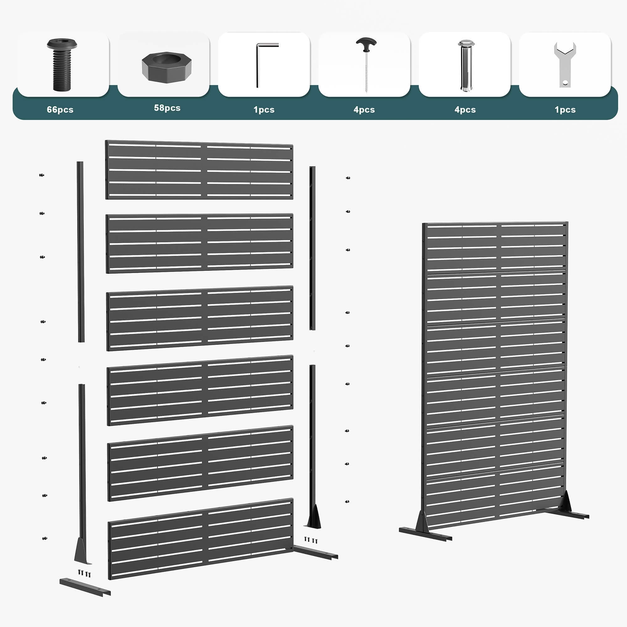 MAYEERTY 72x47x16 Inch Black Galvanized Steel Privacy Screen, 6 Piece Double Sided Set for Outdoor Garden