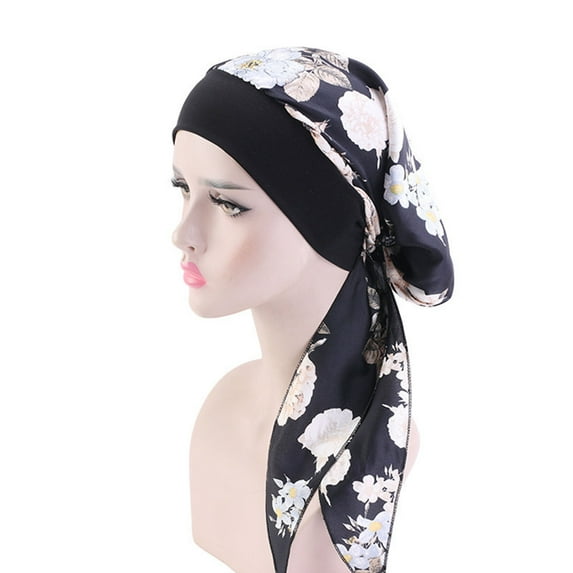 GROFRY Smooth Women Bonnet Vintage Imitation Silk Floral Print Long Hair Lady Turbans for Sleeping