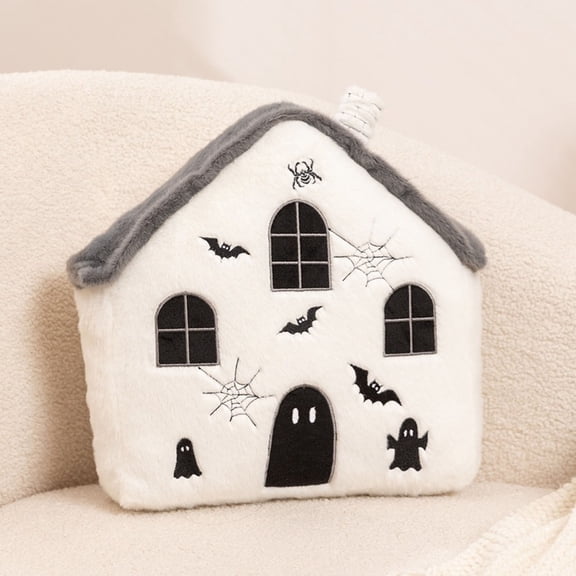 TTJ Halloween House Throw Pillow, Cute Spooky Ghost Embroidered Cushion, Soft Stuffed Decorative Pillow for Sofa, Bed, Bedroom, Party, Fall Holiday Home Decor