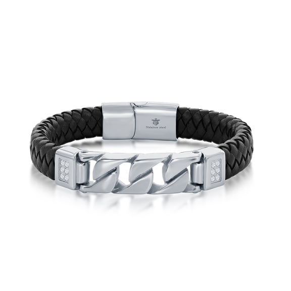 Men’s Genuine Black Leather and Curb Link with Simulated Diamond CZ 8.5” Bracelet |Stainless-Steel Jewelry for Men
