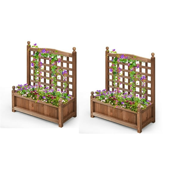 Patiojoy Set of 2 Outdoor Wooden Plant Box Flower Plant Growing Box Holder with Trellis