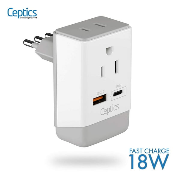 Ceptics Italy Travel Adapter, QC 3.0 & PD, Safe Dual USB & USB-C - 2 USA Socket Compact & Powerful - Use in Uruguay, Libya, Syria, Tunisia, Chile - Type L AP-12 - Fast Charging (AP-12A)