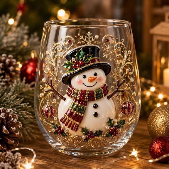 Artistic 3D Christmas Decor Stemless Wine Glasses, 3D Christmas Glass Art Cup, Raised Santa Claus Stemless Wine Glass for Cocktails, Juice, Iced Coffee and Sparkling Water, Festive Table Decor Gift