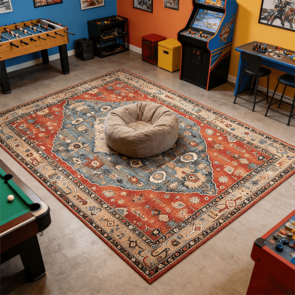 8X10ft Washable Area Rug, Vintage Floral Indoor Rug with Non-Slip Backing, Thin Foldable Low Pile Rug for Living Room, Bedroom, Bathroom