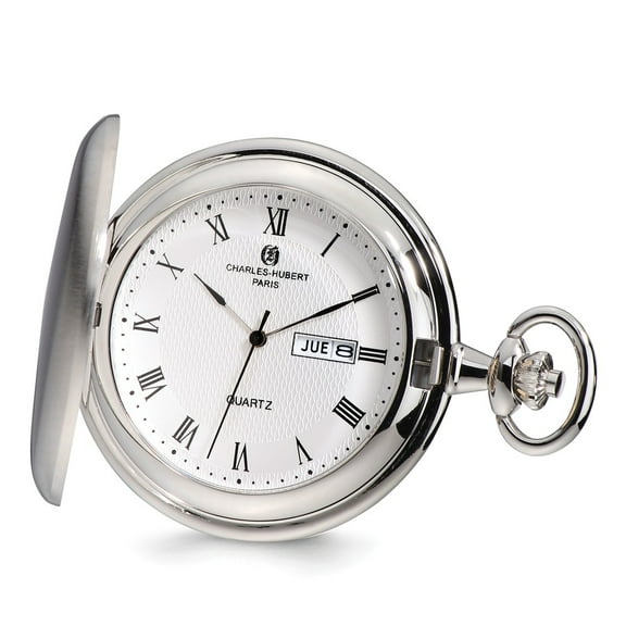 Charles Hubert Satin Finish White Dial Day/Date Pocket Watch; for Adults and Teens; for Women and Men