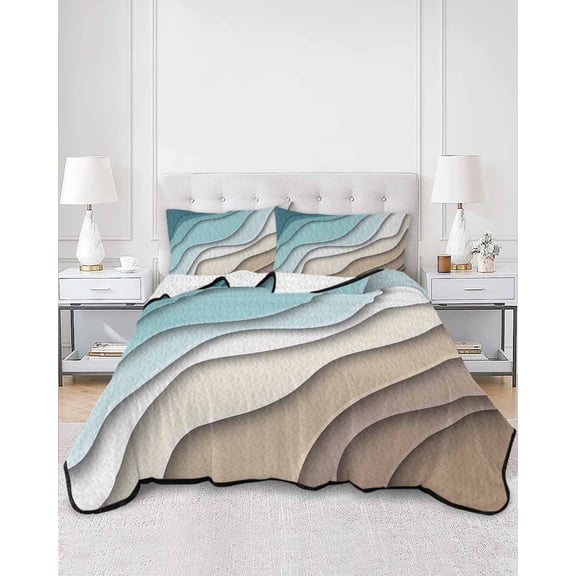 Quilts Queen Size, Teal Blue Ombre Cream Soft Comforter Bedding Set for Bed, Modern Geometric Brown Aesthetic Lightweight Quilted Bedspread with Pillow Cover(2 Pieces) for All Season, 90x96 Inch