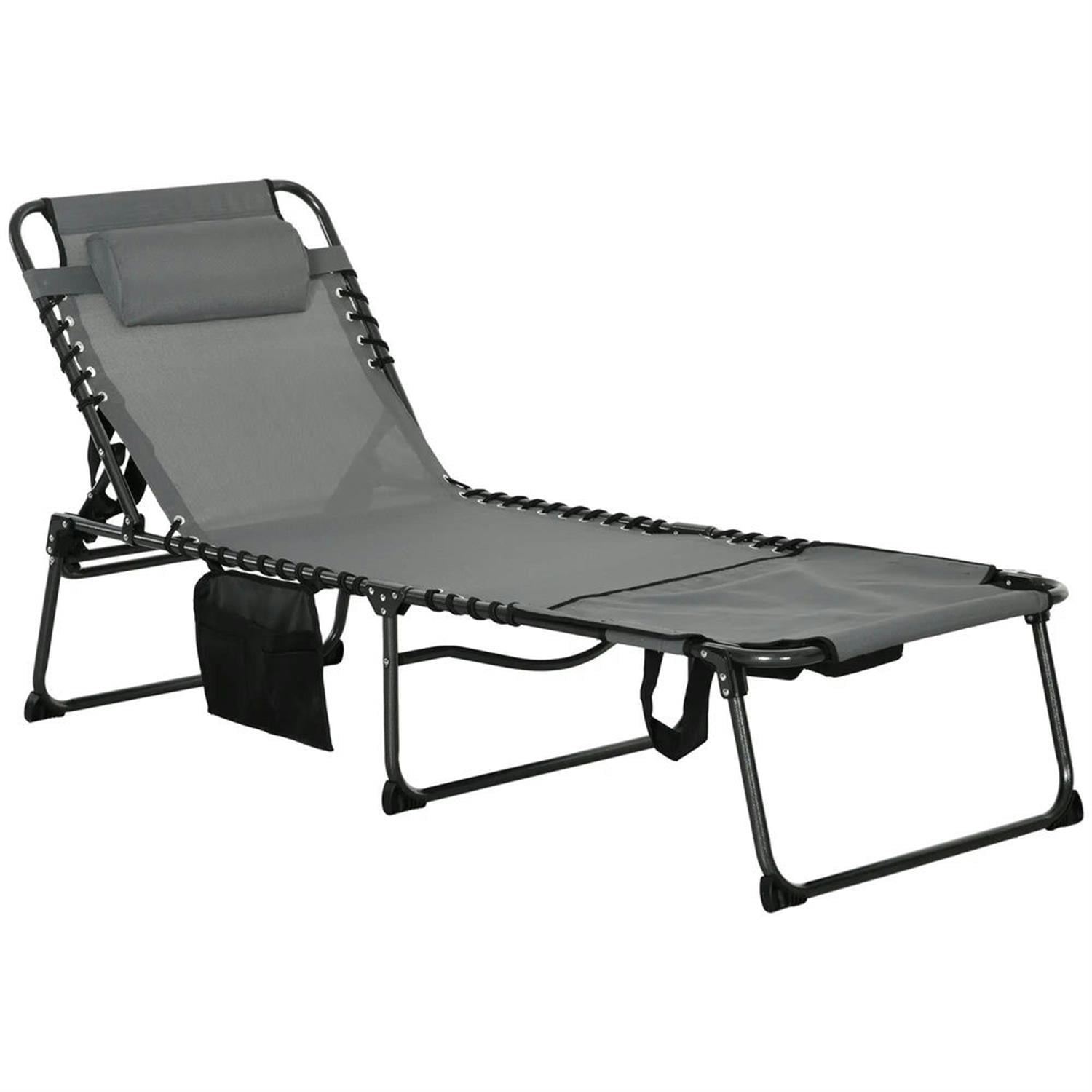 Demi Bonn Outdoor Folding Chaise Lounger with 5-Position Reclining, Built-in Reading Grommet, Side Storage, Pillow Relaxation for Sunbathing, Gray
