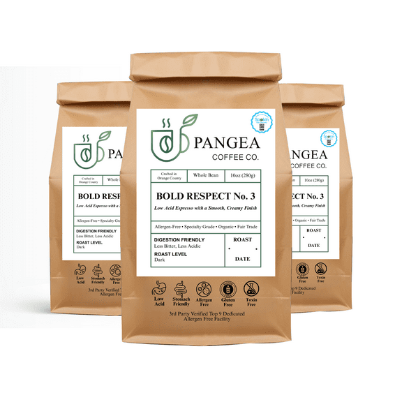 Pangea Coffee Co. Bold Respect – Dark Roast Whole Bean Coffee, Low Acid, Organic, 3-Pack (10oz Bags)