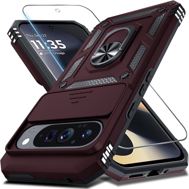 KOMI Case Compatible with Google Pixel 9/9 Pro Built in Slide Camera Lens Cover+Screen Protector+Finger Ring Holder Kickstand,Heavy Duty Shockproof Full Body Protective Phone Cover, Wine Red