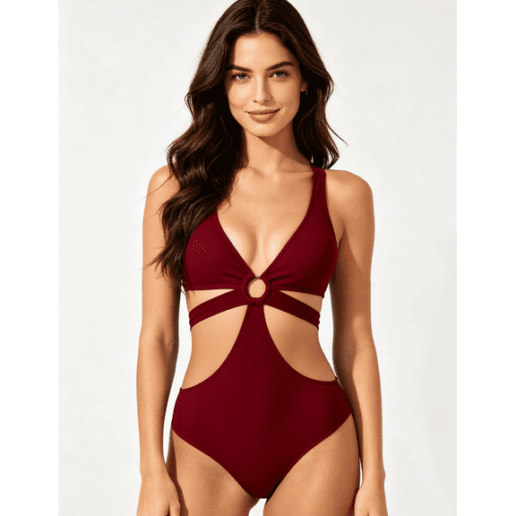 IAIKUO Women's Cutout Halter One-Piece Swimsuit, Deep V Neck O-Ring Open Back Bathing Suit, Red M-XXL