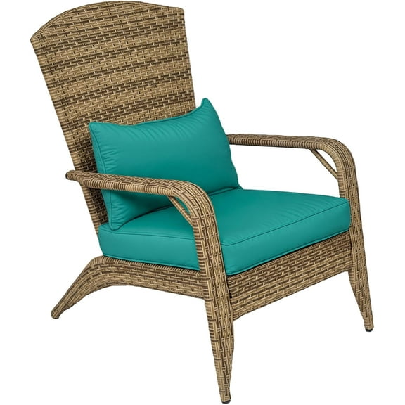 TYUIOP Patio Wicker Adirondack Chair, Outdoor All-Weather Rattan Fire Pit Chair with Soft Cushions, Tall Curved Backrest and Comfortable Armrests for Deck or Garden, Sky Blue