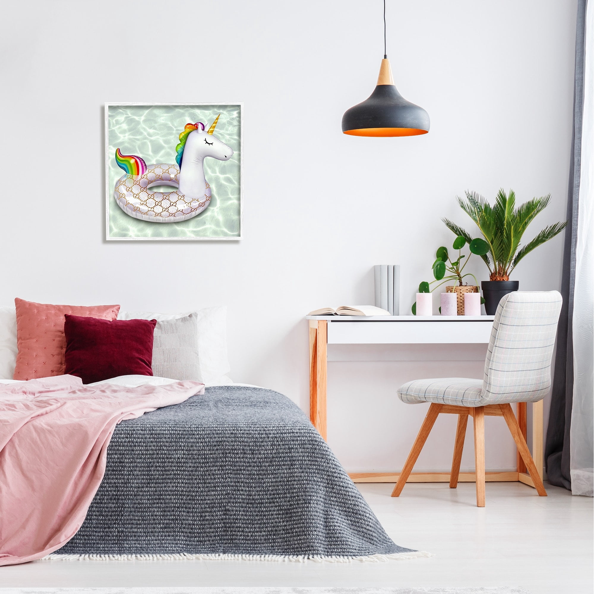 Stupell Industries Unicorn Pool Float Trendy Fashion Emblem Pattern Graphic Art White Framed Art Print Wall Art, Design by Ziwei Li