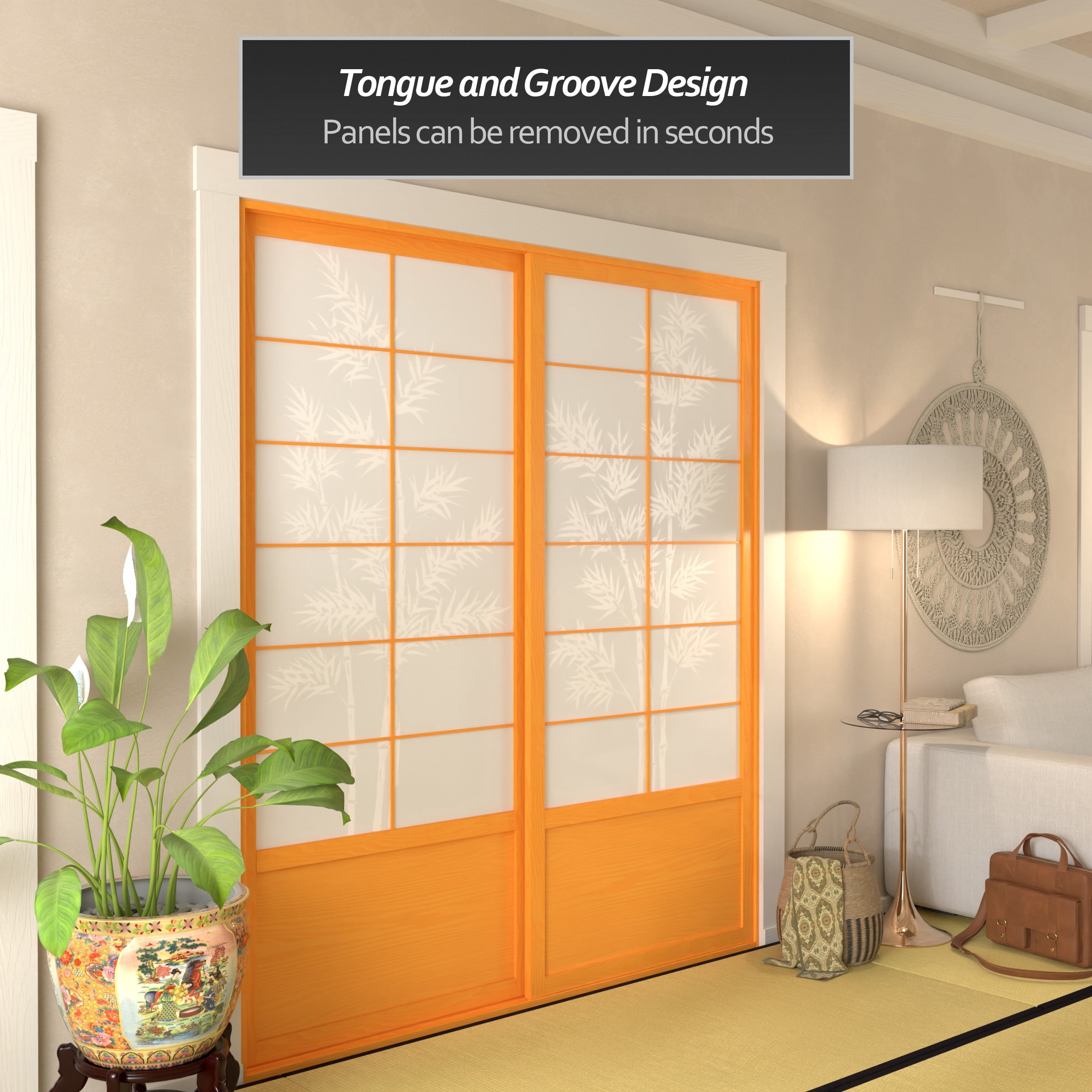 Red Lantern 7 ft. Tall Bamboo Tree Shoji Sliding Door Kit - Honey, Room Divider
